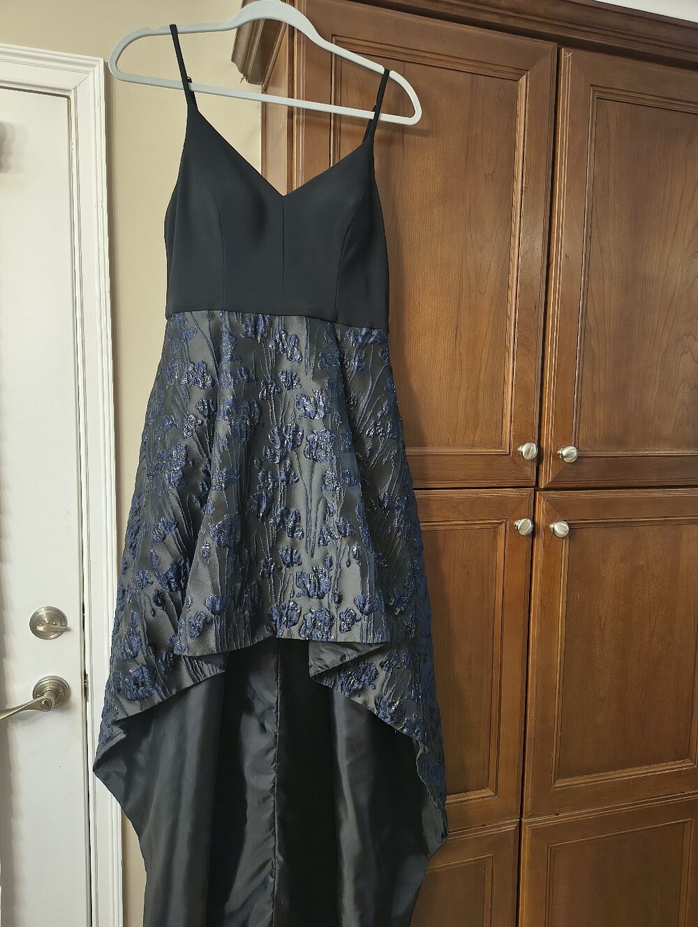 Betsy Adam Dark Fairy Dress High-low  Black With Dark Navy Floral Brocade Sz 12